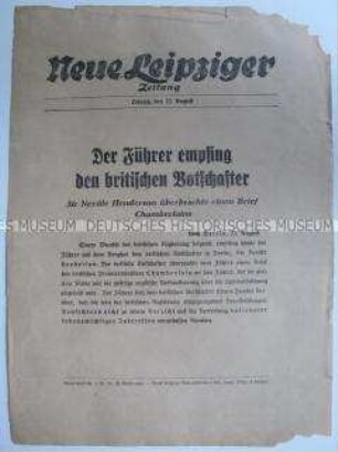 Extrablatt der "Neuen Leipziger Zeitung" über ein Gespräch Hitlers mit dem britischen Botschafter