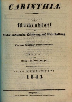 Carinthia : Zeitschrift für Vaterlandskunde, Belehrung u. Unterhaltung. 31. 1841