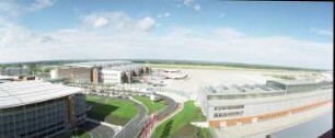 Dresden-Klotzsche, Flughafenstraße. Flughafen Dresden. Blick gegen Parkhaus, Terminal, Vorfeld des Flughafens und Technikhalle