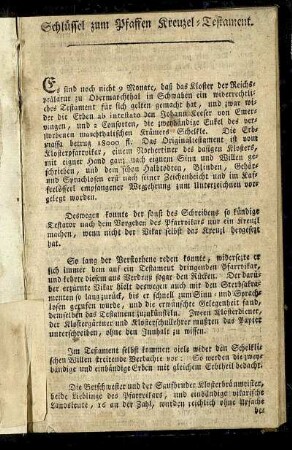 Schlüssel zum Pfaffen Kreuzel- Testament.