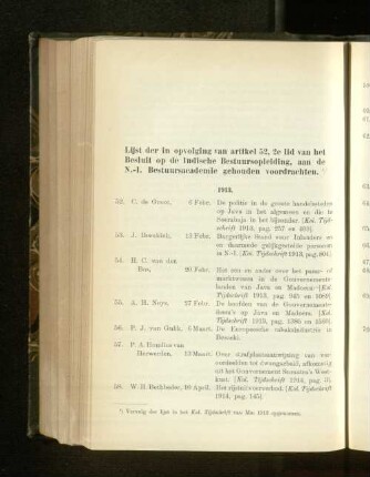 Lijst der in opvolging van artikel 52, 2e lid van het Besluit op de Indische Bestuursopleiding, aan de N.-I. Bestuursacademie gehouden voordrachten.