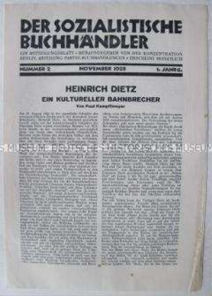 Mitteilungsblatt "Der sozialistische Buchhändler" u.a. zum Tod von Heinrich Dietz