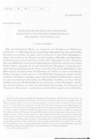 Ein Blick in den Stollen von Skepsis : vier Kapitel zur frühen Überlieferung des Corpus Aristotelicum