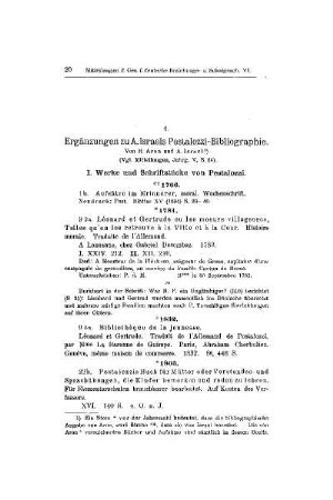Ergänzungen zu A. Israels Pestalozzi-Bibliographie