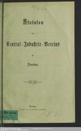 Statuten des Central-Industrie-Vereins zu Dresden