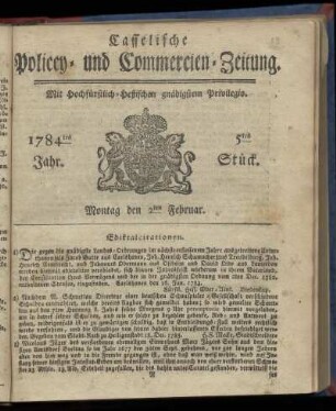 5tes Stueck, Montag den 2ten Februar. 1784