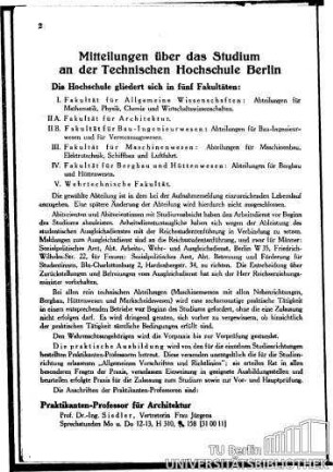 Mitteilungen über das Studium an der Technischen Hochschule