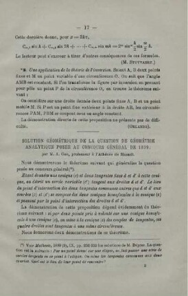 SOLUTION GÉOMÉTRIQUE DE LA QUESTION DE GÉOMÉTRIE ANALYTIQUE POSÉE AU CONCOURS GÉNÉRAL DE 1899.