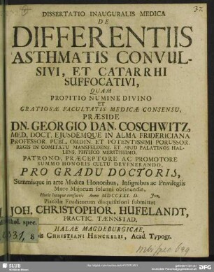 Dissertatio Inauguralis Medica De Differentiis Asthmatis Convulsivi, Et Catarrhi Suffocativi