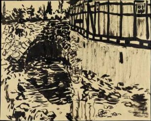 Wassergraben unter Steinbrücke am Fachwerkhaus