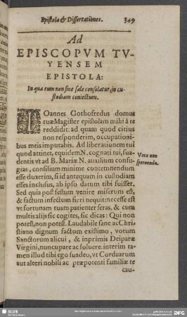 Ad Episcopum Tuyensem Epistola: In qua eum non sine sale consolatur, in custodiam coniectum
