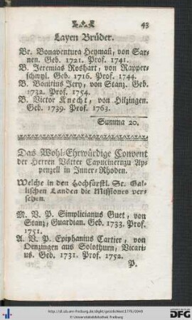 Das Wohl-Ehrwürdige Convent der Herren Vätter Capucinern zu Appenzell in Inner-Rhoden.
