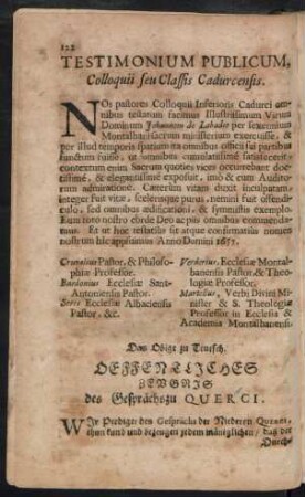 Testimonium Publicum, Colloquii seu Classis Cadurcensis.