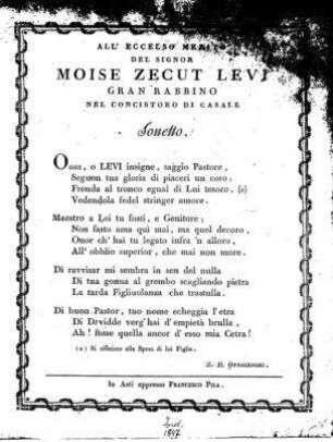All' eccelso merito del signor Moise Zecut Levi, gran rabbino nel concistoro nel Casale
