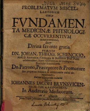 Problematvm Miscellaneorum Circa Fvndamenta Medicinae Physiologicae Occvrrentivm Semicenturia