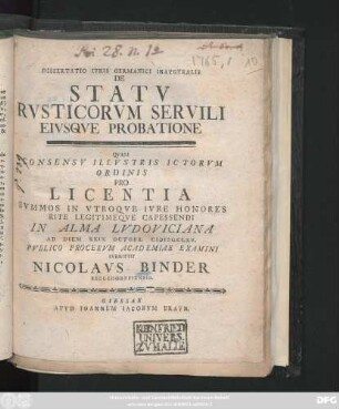 Dissertatio Ivris Germanici Inavgvralis De Statv Rvsticorvm Servili Eivsqve Probatione