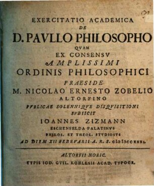 Exercitatio academica de D. Paullo philosopho