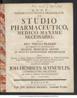 Dissertatio Medica Inauguralis De Studio Pharmaceutico, Medico Maxime Necessario ...