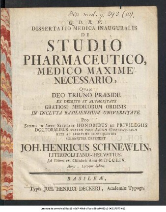 Dissertatio Medica Inauguralis De Studio Pharmaceutico, Medico Maxime Necessario ...