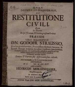 Disputatio Inauguralis, De Restitutione Civili
