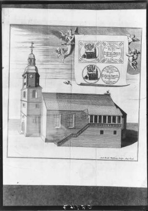 Gochsheim Stich-Zeichnung der evangelischen Sankt Martinskirche Ansicht von Süden von Andreas Matthäus Wolfgang (1704)