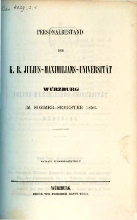 Personalbestand der Königlich-Bayerischen Julius-Maximilians-Universität Würzburg. 1856, 1856. SS.