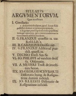 Syllabus Argumentorum, Quae accesserunt[...]