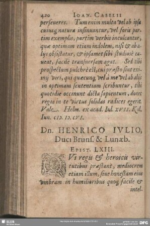 Dn. Henrico Iulio, Duci Bruns. & Lunaeb. Epist. LXIII.