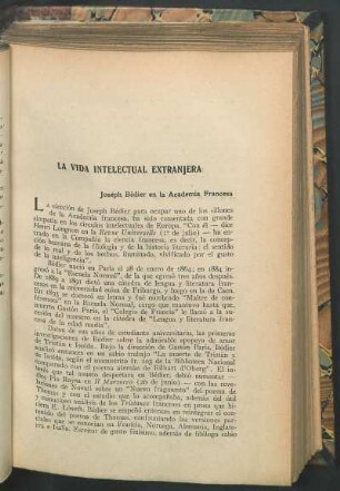 La vida intelectual extranjera : Joseph Bédier en la Academia Francesa