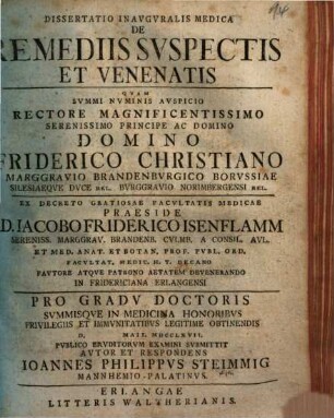 Dissertatio Inavgvralis Medica De Remediis Svspectis Et Venenatis