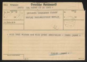 Brief von James Joyce an Gerhart Hauptmann