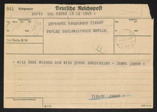 Brief von James Joyce an Gerhart Hauptmann