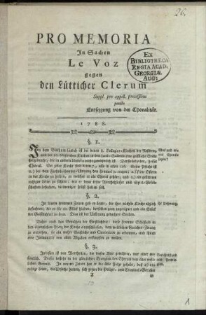Pro Memoria In Sachen Le Voz gegen den Lütticher Clerum : Suppl. pro appell. processibus puncto Entsezzung von der Choralität ; 1788