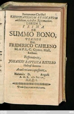 Exercitationum Ethicarum ad. Ethicor. Aristot. Nicomachior. Librum I. Prima De Summo Bono