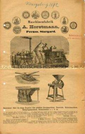 Zeugnisse über gelieferte Dreschmaschinen, Rosswerke, Häckselmaschinen, Reinigungsmaschinen, Rübenschneider u. s. w.