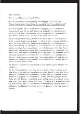 Zur Persönlichkeitsentwicklung zukünftiger Leiter in der Volksbildung unter Beachtung des Aspekts der Frauenförderung : Thesen zur Dissertationsschrift A