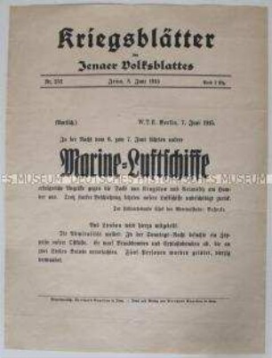 Extrablatt des "Jenaer Volksblattes" über Angriffe deutscher Marine-Luftschiffe auf britische Docks