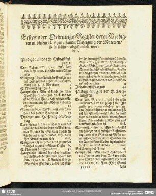 Erstes oder Ordnungs-Register derer Predigten in diesem II. Theil, sambt Anzeigung der Materien, so in solchen abgehandelt worden