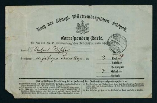 Correspondenz-Karte vom 16. März 1871