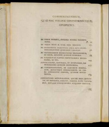 Commentationum, quae hac sylloge comprehenduntur, conspectus.
