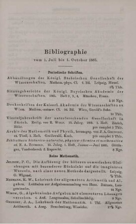 Bibliographie vom 1. Juli bis 1. October 1865.