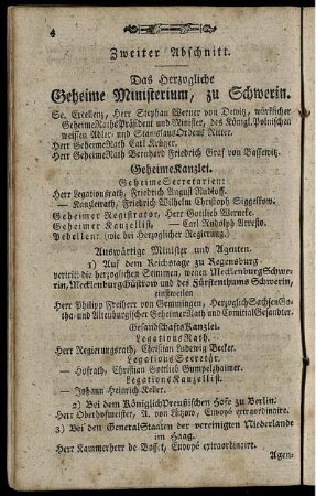 Zweiter Abschnitt. Das Herzogliche Geheime Ministerium, zu Schwerin