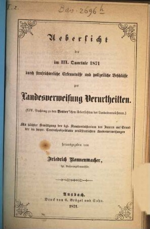 Übersicht der durch strafrichterliche Erkenntnisse und polizeiliche Beschlüsse zur Landesverweisung Verurtheilten. 1871, Quartal 3 = Nachtr. 14