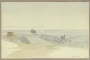 Ausblick vom Taunus in die Ebene, im Mittelgrund eine Kapelle