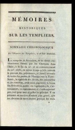 Mémoires Historiques Sur Les Templiers.