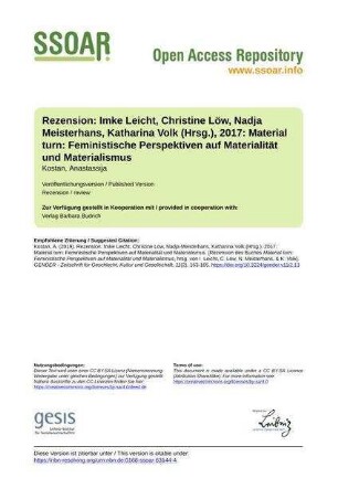 Rezension: Imke Leicht, Christine Löw, Nadja Meisterhans, Katharina Volk (Hrsg.), 2017: Material turn: Feministische Perspektiven auf Materialität und Materialismus
