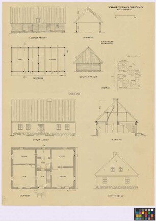 Schwirgsden [Königsgarten] (Landkreis Darkehmen, Angerapp): Schinnagel [Schimagel]. - Lageplan mit Wohnhaus (Grundriss), Kuh- und Pferdestall (Grundriss), Scheune (Grundriss), Schweinestall (Grundriss). - Schuppen und Schweinestall (Nord-Ost-Seiten-Ansicht, Querschnitt A-B, Grundriss, Nord-West-Giebel-Ansicht). - Wohnhaus (Süd-Ost-Seiten-Ansicht, Querschnitt A-B, Grundriss, Süd-West-Giebel-Ansicht)