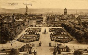 Postkartenalbum mit Motiven von Karlsruhe. "Karlsruhe. Totalansicht". Schlossplatz und Innenstadt