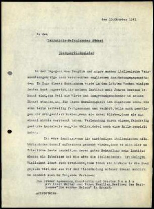 W. Wrede an Wehrmachtsbefehlshaber Südost