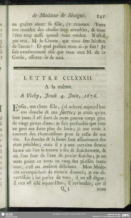Lettre CCLXXXII. A la même. A Vichy, Jeudi 4. Juin, 1676